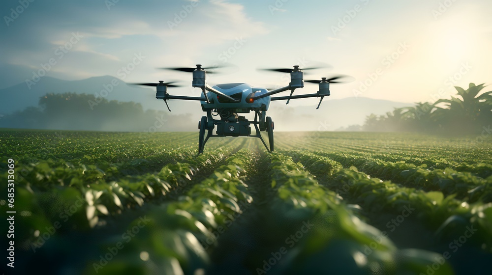 Drone quad-copter with digital camera flying over agricultural field.