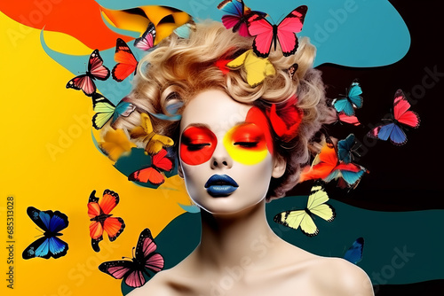 Surreal portrait of a woman with butterflies in her hair. Abstract photo in pop art collage style. Generative Ai