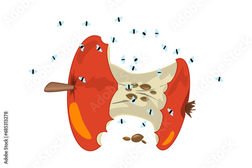 Fruit flies and red apple core isolated on white background. Drosophila melanogaster. Insect swarming around food scraps. Organic waste or kitchen leftovers and pest. Stock vector illustration