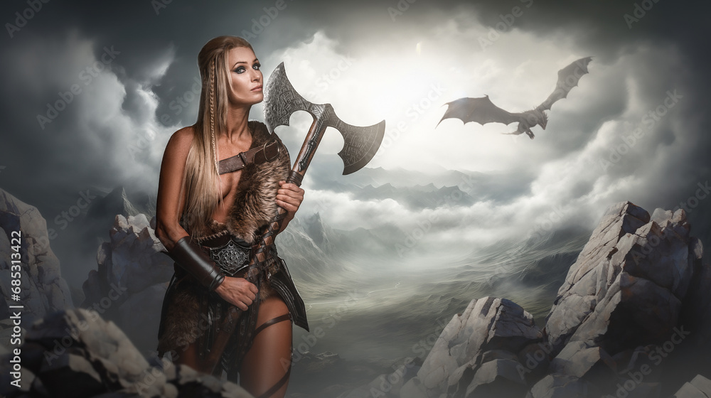 A poised female warrior wields a decorative axe against a backdrop of mountains and a flying dragon under stormy skies