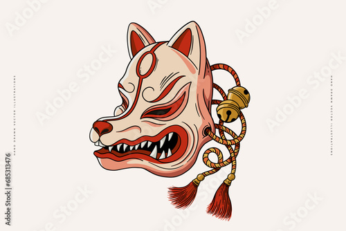 Japanese kitsune mask with a grin. Fox, demon. Mystical character. Vector illustration on a light background.