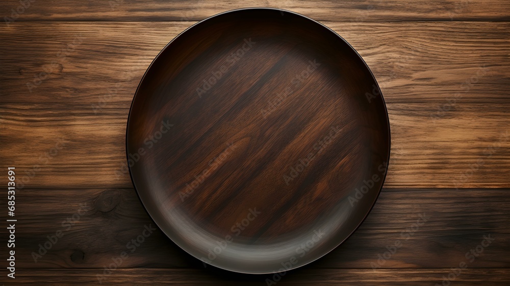 Top View of an empty Plate in dark brown Colors on a wooden Table. Elegant Template with Copy Space Top View of an empty Plate in dark brown Colors on a wooden Table. Elegant Template with Copy Space