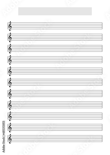 Blank music score sheet template to write music (G Clef). Printable A4 format in portrait mode with a song title and artist name block at the top photo