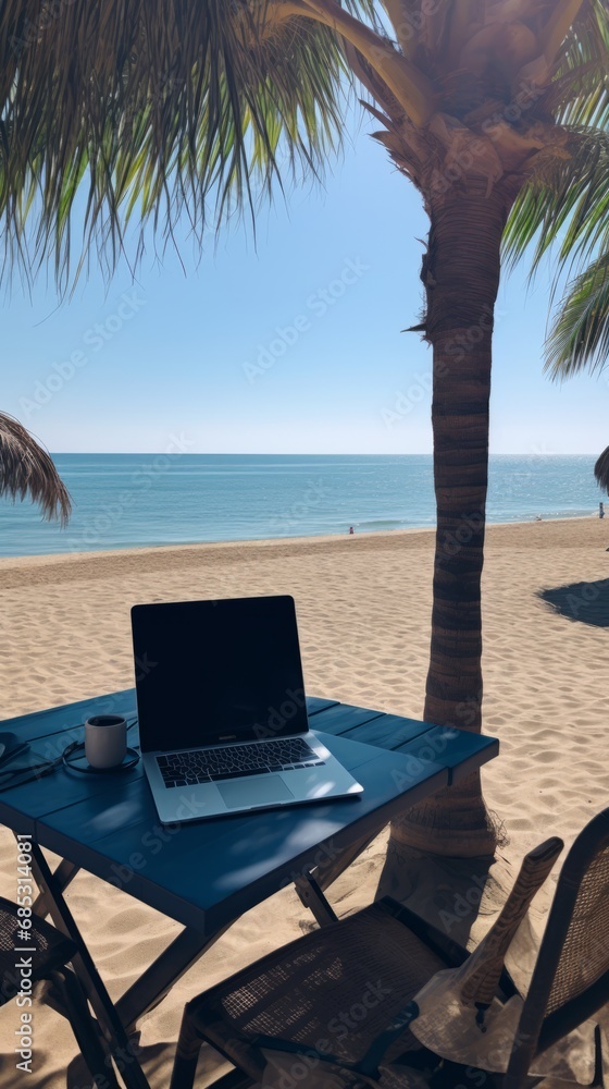 Freelancer digital nomad working with a laptop on a sandy sea or ocean beach, blending work and relaxation, enjoying the seaside office and work from anywhere concept.concept. Freelancer digital nomad working with a laptop on a sandy sea or ocean beach, blending work and relaxation, enjoying the seaside office and work from anywhere concept.concept.