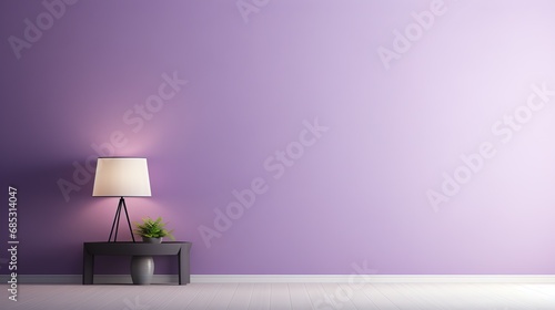 a purple wall with a lamp and a plant photo