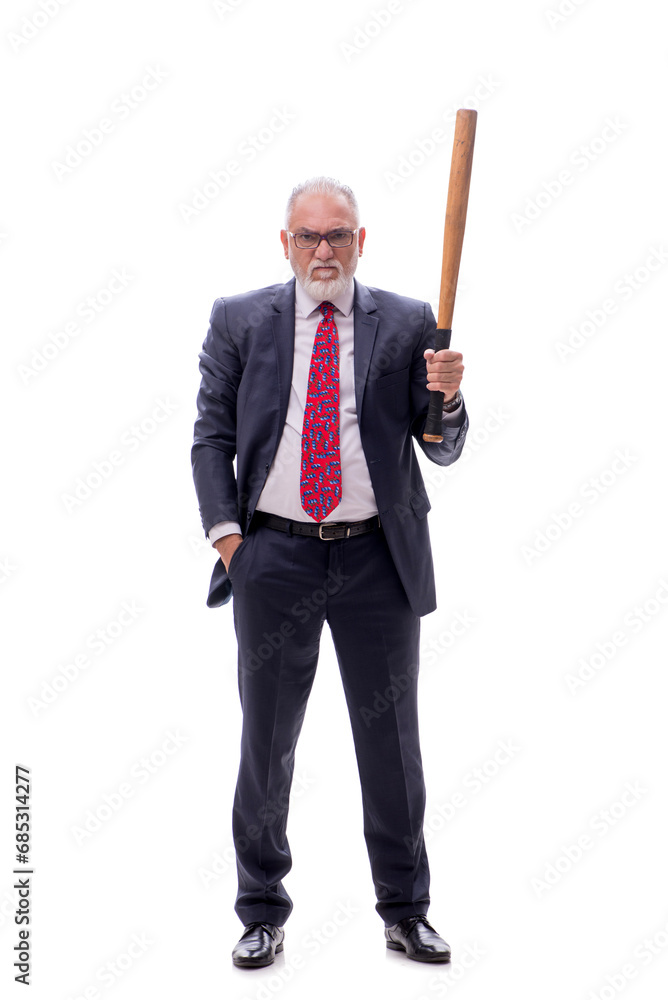 Old businessman holding baseball bat isolated on white Old businessman holding baseball bat isolated on white