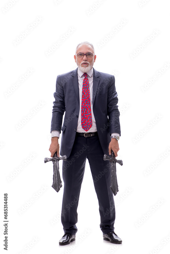 Old businessman holding saber isolated on white Old businessman holding saber isolated on white