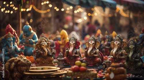 A bustling marketplace filled with colorful stalls selling Ganesh idols and religious trinkets during the festive season. photo