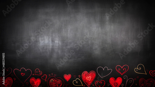 background of a black school chalkboard with red hearts painted on it for valentine's day