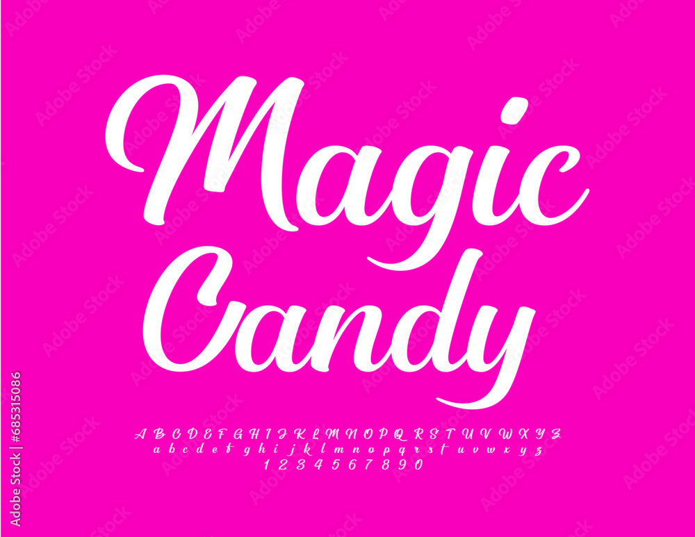 Vector stylish emblem Magic Candy. Beautiful Cursive Font. Modern Alphabet Letters, Numbers and Symbols.