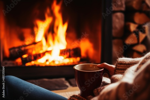 A person relaxing with a hot cup of tea in front of a fire.