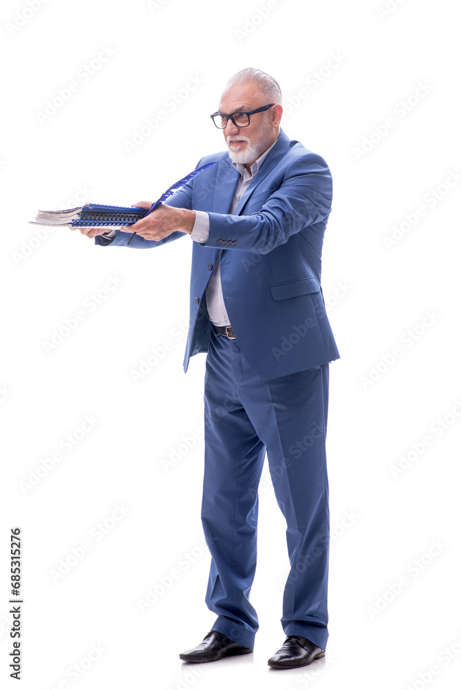 Old boss holding heavy pile isolated on white Old boss holding heavy pile isolated on white