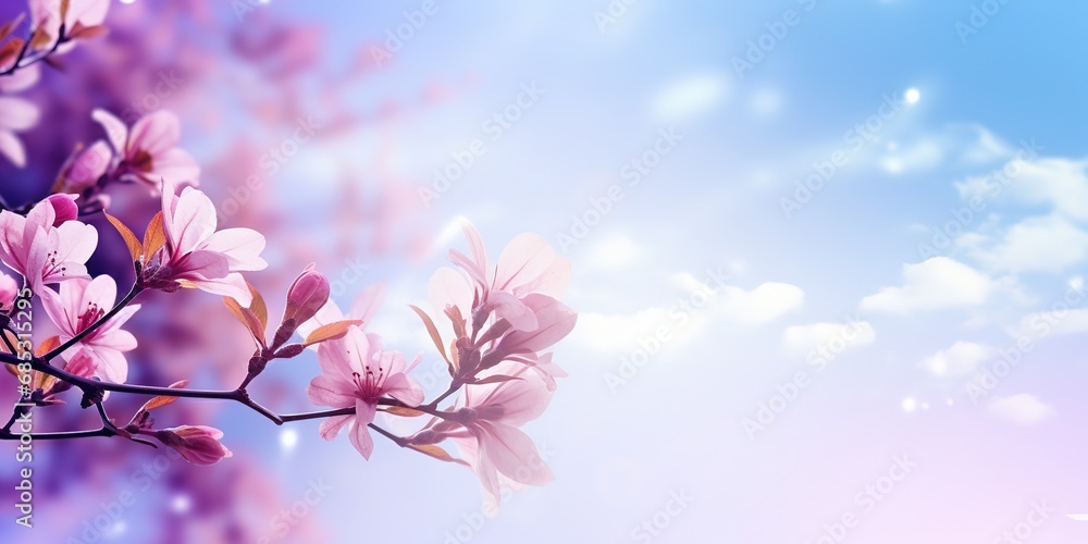 soft focus pink magnolia flowers with bokeh glitter glow light, beautiful wildflower blossom field landscape, dreamy spring background wallpaper, Generative Ai