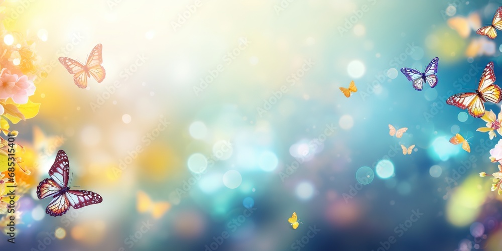 soft focus flowers with bokeh glitter glow light, butterfly fly in lights, dreamy spring background wallpaper, Generative Ai