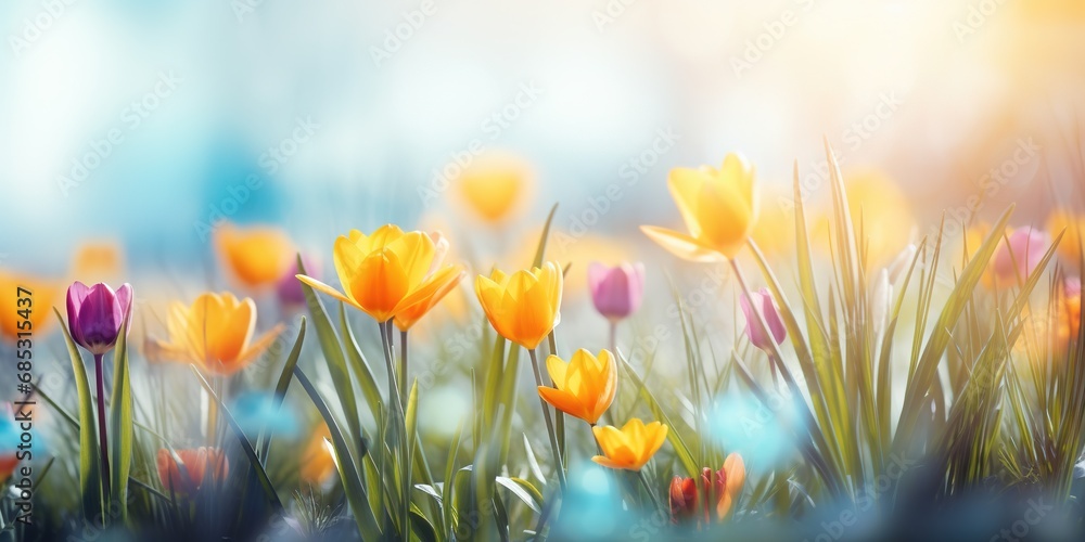 soft focus tulip flowers with bokeh glitter glow light, beautiful wildflower blossom field landscape, dreamy spring background wallpaper, Generative Ai