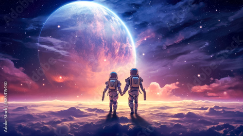 Astronaut and astronaut on the background of the planet.