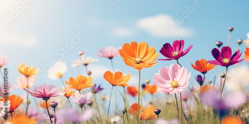 soft focus cosmos flowers with bokeh glitter glow light, beautiful wildflower blossom field landscape, dreamy spring background wallpaper, Generative Ai © QuietWord