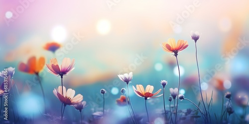 soft focus cosmos flowers with bokeh glitter glow light, beautiful wildflower blossom field landscape, dreamy spring background wallpaper, Generative Ai