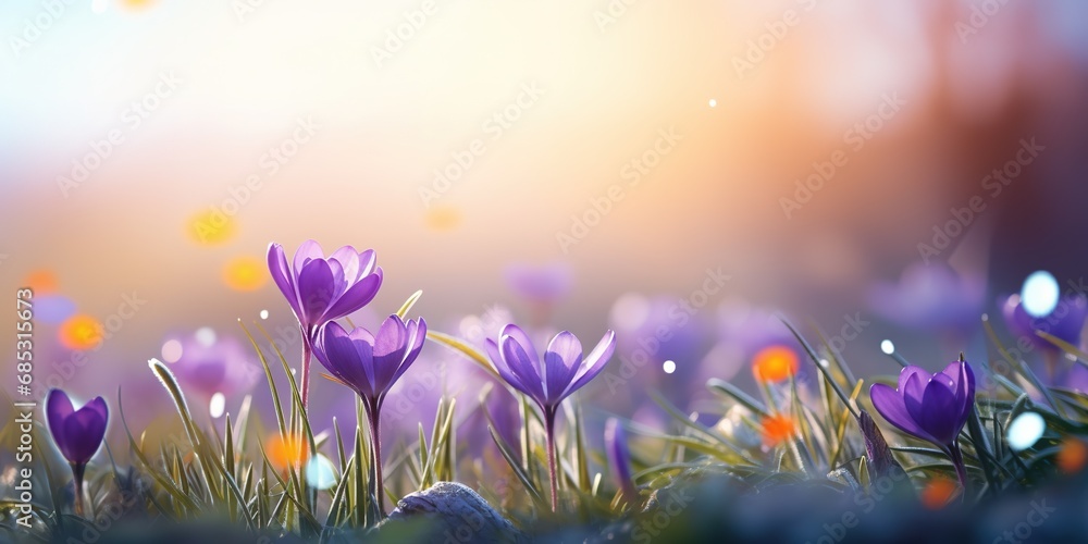Fototapeta premium soft focus crocus flowers with bokeh glitter glow light, beautiful wildflower blossom field landscape, dreamy spring background wallpaper, Generative Ai