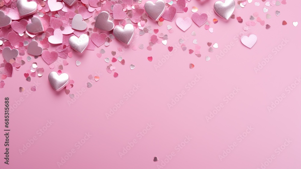 Silver confetti and pink hearts on a pink background, copy space. Background of Valentines day concept.
