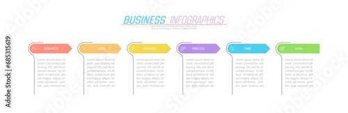 Business infographics. 6 stages of achieving the goal. Stages of the workflow, development, marketing, plan or training. Business strategy with icon icons. Report or statistics schema