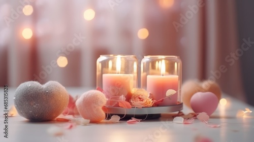 Romantic valentine day background with candles, heart and bokeh