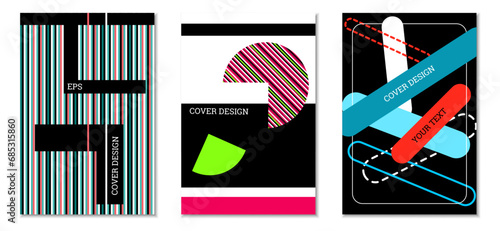 Geometric cover design, set of 3 covers. Abstract unusual background in Memphis style. Bright geometric shapes in random order