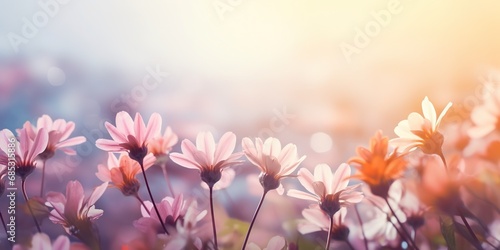 soft focus daisy flowers with bokeh glitter glow light, beautiful wildflower blossom field landscape, dreamy spring background wallpaper, Generative Ai