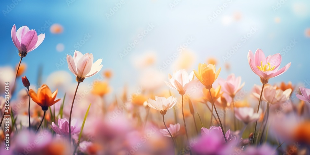 soft focus flowers with bokeh glitter glow light, beautiful wildflower blossom field landscape, dreamy spring background wallpaper, Generative Ai