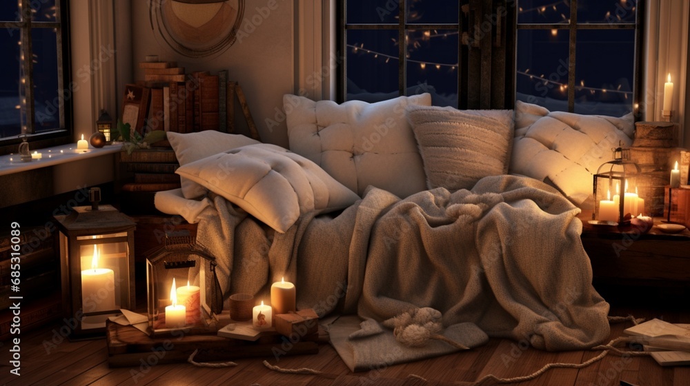 A charming New Year's corner, filled with cozy blankets, cushions, and candles, perfect for a night of reflection and joy.
