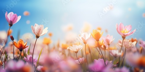 soft focus flowers with bokeh glitter glow light, beautiful wildflower blossom field landscape, dreamy spring background wallpaper, Generative Ai