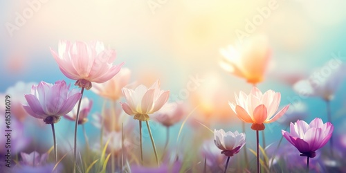 soft focus daisy flowers with bokeh glitter glow light, beautiful wildflower blossom field landscape, dreamy spring background wallpaper, Generative Ai © QuietWord