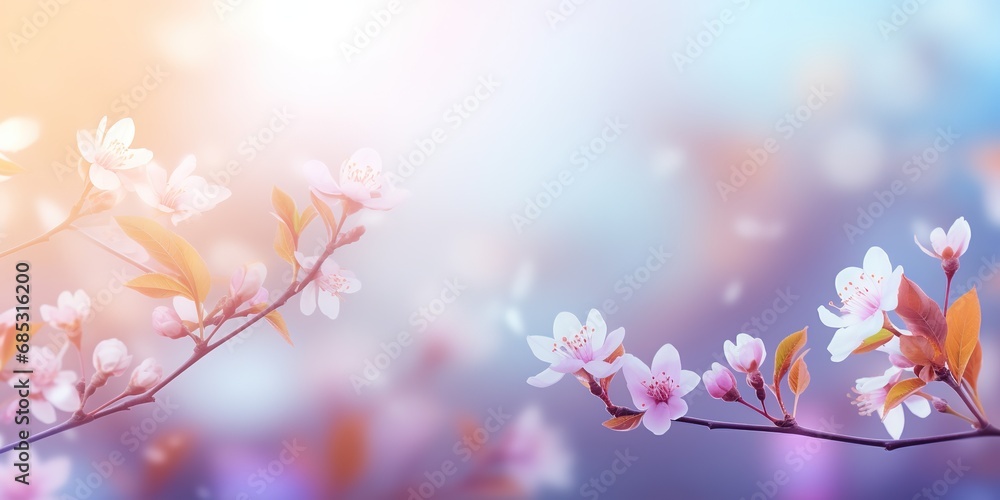soft focus cherry flowers with bokeh glitter glow light, beautiful wildflower blossom landscape, dreamy spring background wallpaper, Generative Ai