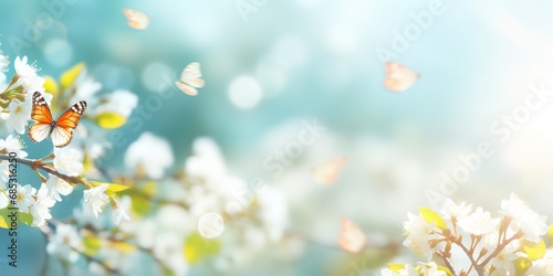 soft focus plum flowers with butterfly and bokeh glitter glow light, beautiful wildflower blossom field landscape, dreamy spring background wallpaper, Generative Ai