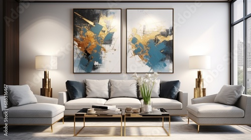 A chic and modern living room adorned with metallic accents and contemporary abstract art.