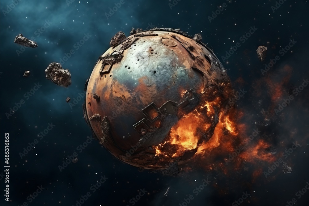 Obraz premium Surrealistic planet transforms in rust, rusting in cosmic solitude, Generative AI