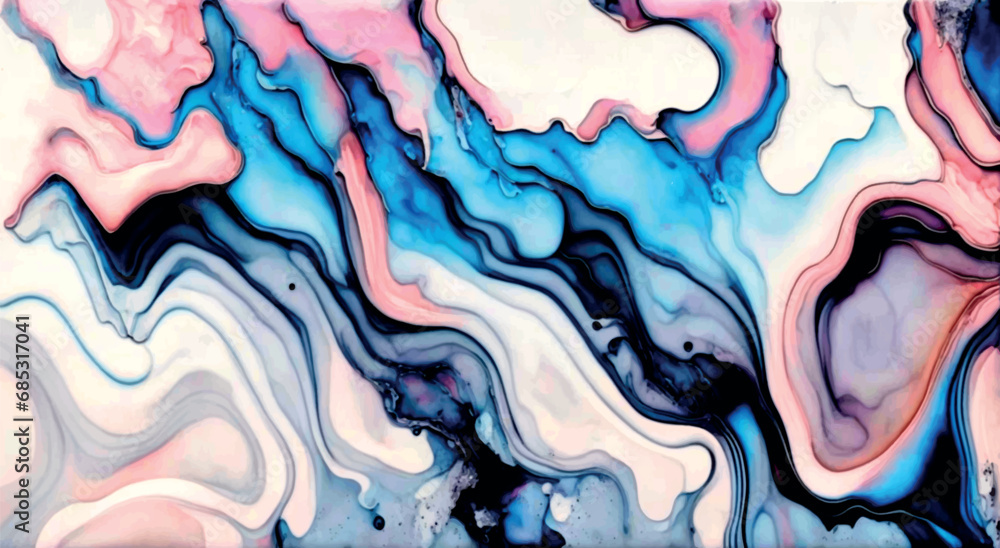 Abstract fluid art painting made in alcohol ink technique in grey pink blue white black colors.Watercolor banner background wallpaper design.Card template.Presentation.