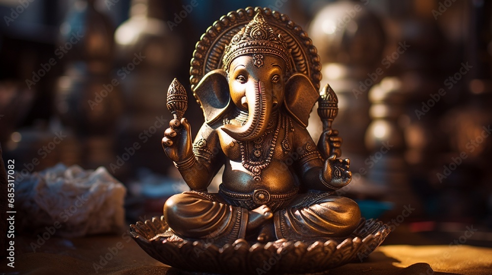 A close-up of a bronze Ganesh figurine, with its delicate details beautifully highlighted by a beam of sunlight.