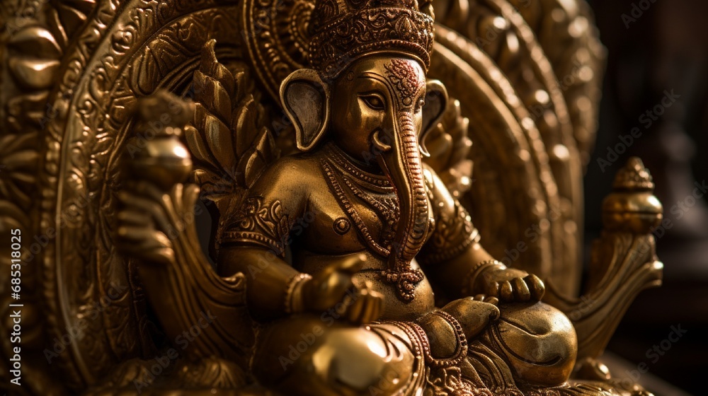 A close-up of a vintage brass Ganesh artifact, capturing the play of light on its intricate engravings.