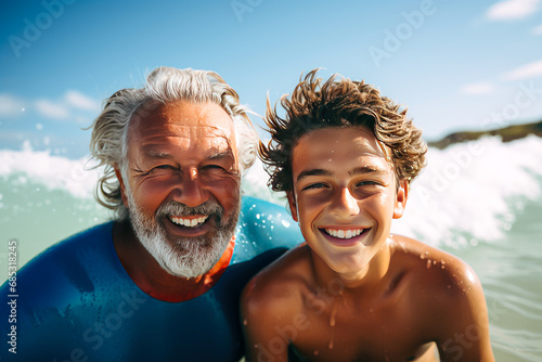 Happy father and son having fun on surfboard on the beach. © Formoney