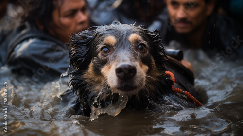 Dramatic shot of the rescue of home dogs after a powerful typhoon and flood, a natural disaster. Emergency jobs
