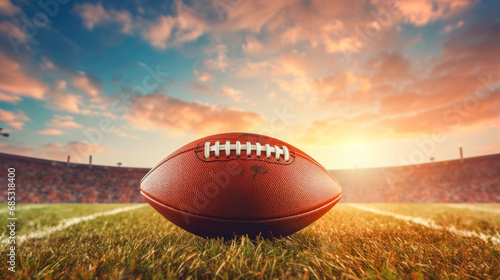 American football ball on green grass field with sunset sky background. Copy space. photo