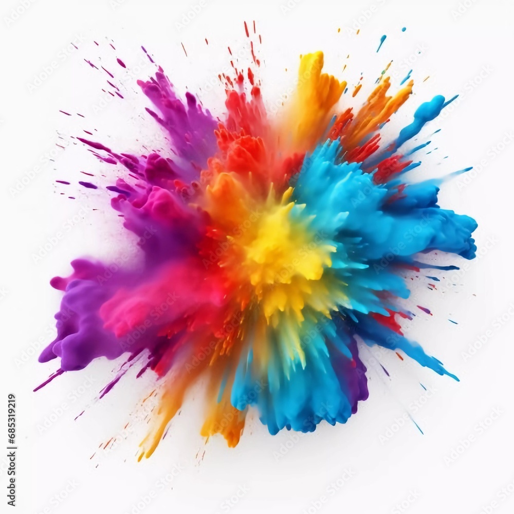 Top view of colorful holi powder explosion on white background, AI generator