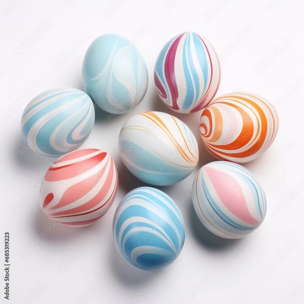 Easter eggs painted in pastel colors on a white background, AI generator
