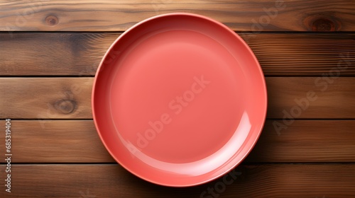 Top View of an empty Plate in light red Colors on a wooden Table. Elegant Template with Copy Space