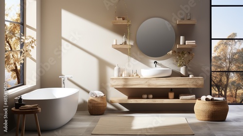 Modern bright bathroom with bath in beige colors