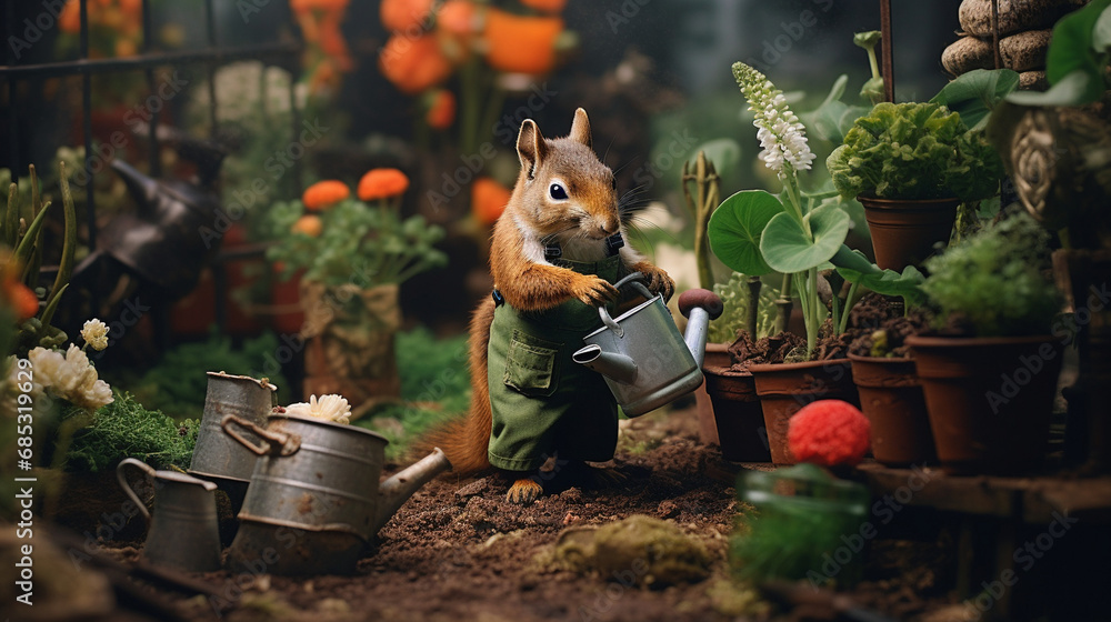 A gardening squirrel tending to a variety of plants in a backyard garden, Anthropomorphic animals, animal character, with copy space - obrazy, fototapety, plakaty 