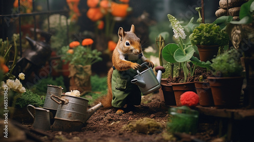 A gardening squirrel tending to a variety of plants in a backyard garden, Anthropomorphic animals, animal character, with copy space