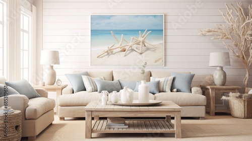 A coastal-themed living room with seashell and driftwood wall art  evoking a tranquil beach vibe.