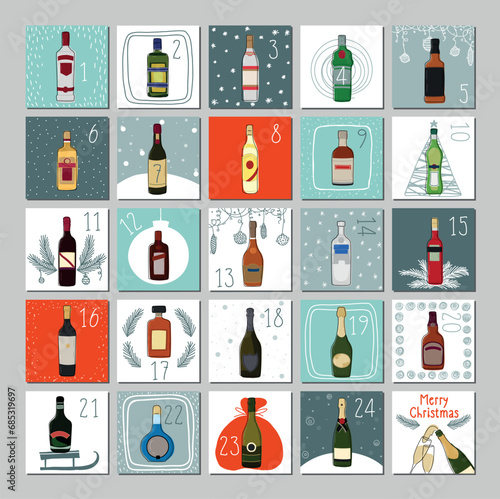Alcohol advent calendar. Calendar with different types of alcohol for every day. Merry alcoholic calendar for Christmas
